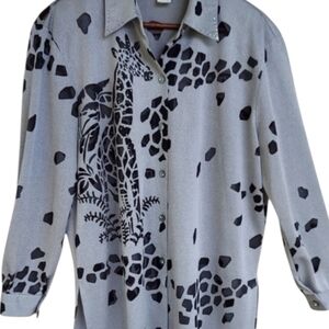 Vintage Amber Dawn Silver & Black Rhinestone Giraffe Print Button Down